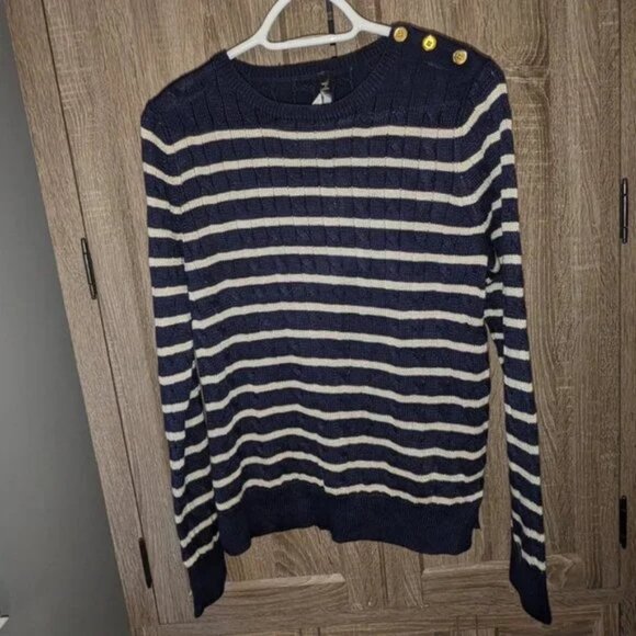 *3 FOR $9* NEW Lapis Navy Dark Striped Long Sleeve Knit Button Accent Sweater L - Picture 1 of 2